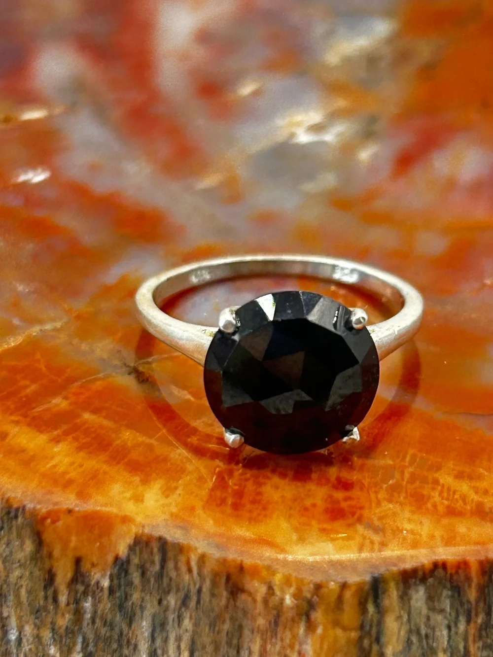 Traditional Faceted Black Onyx Ring, Sterling Silver - size 7